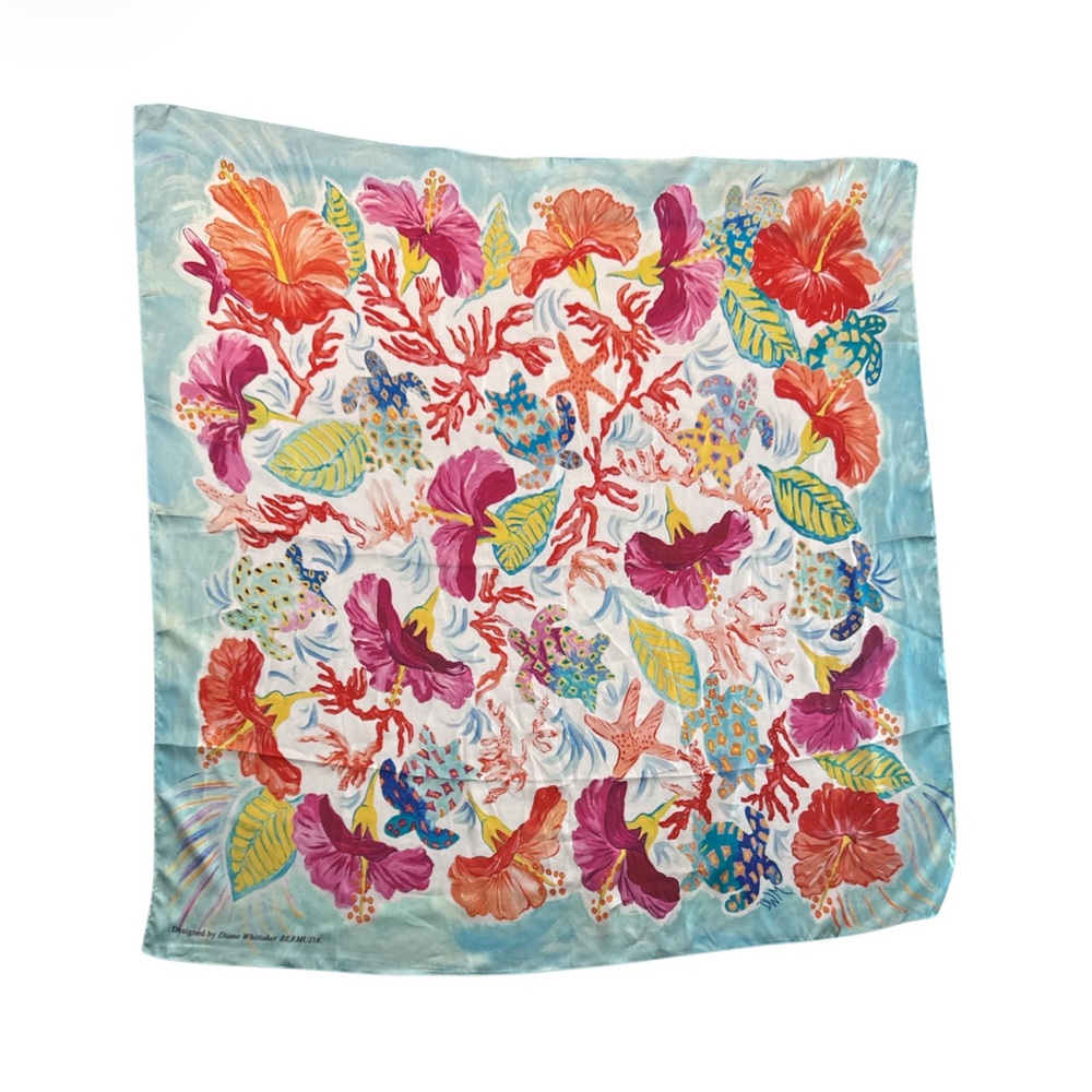 Designer Floral Coral Patterned Silk Scarf Sea Theme Bermuda Luxury Tapestry